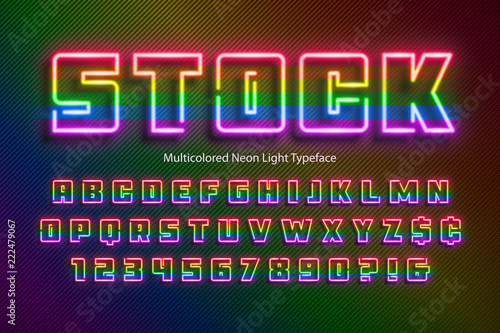 Rainbow Neon light alphabet, extra glowing font