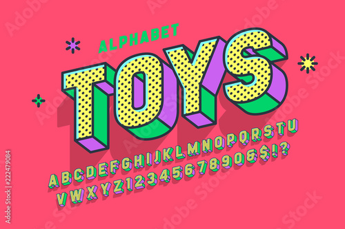 Comic 3d display font design, alphabet, letters and numbers