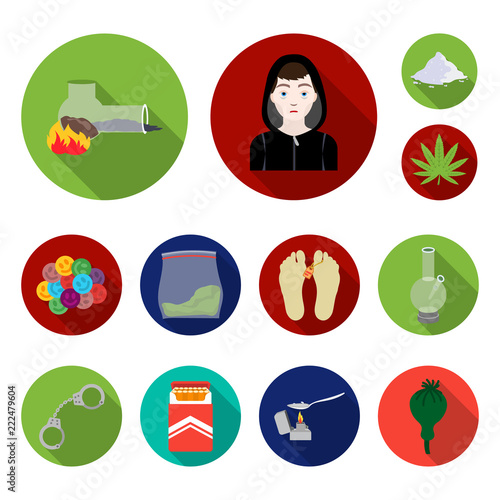 Drug addiction and attributes flat icons in set collection for design. Addict and Drug vector symbol stock web illustration.