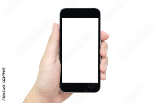 Hand holding smartphone with blank srceen isolated on white background.