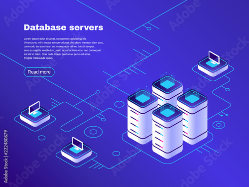 Database servers. Digital datacenter server network. Hosting tech support. Online cloud storage vector isometric illustration