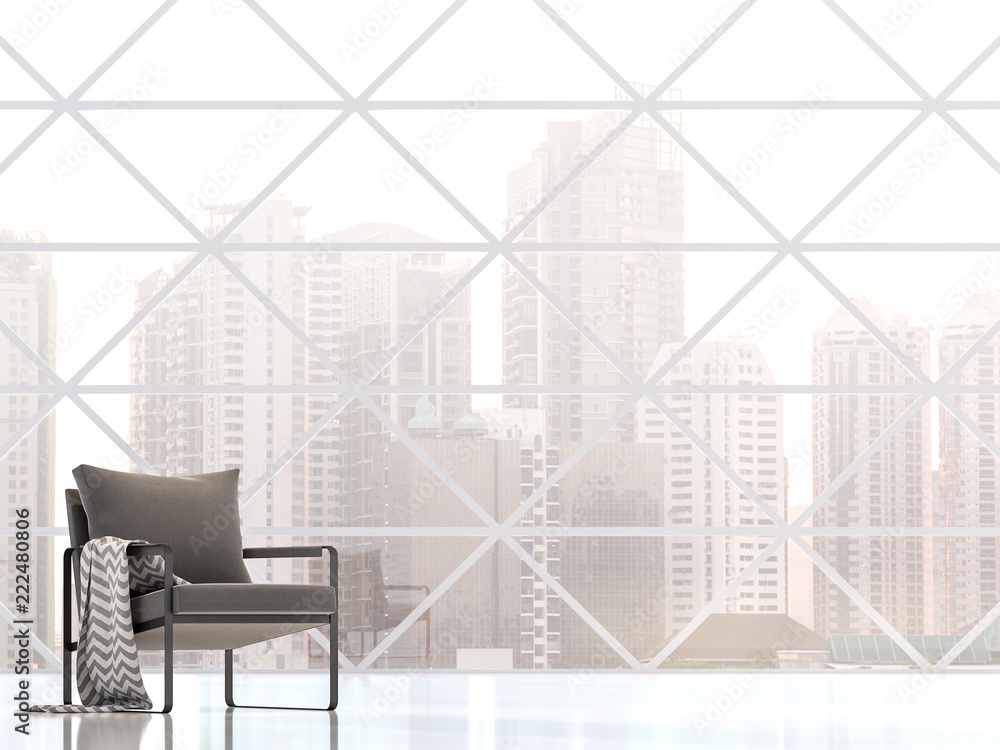 Modern building interior with city view 3d render,Decorate with dark gray fabric and black metal furniture ,Window frames are triangular pattern. Modern building interior with city view 3d render,Decorate with dark gray fabric and black metal furniture ,Window frames are triangular pattern.