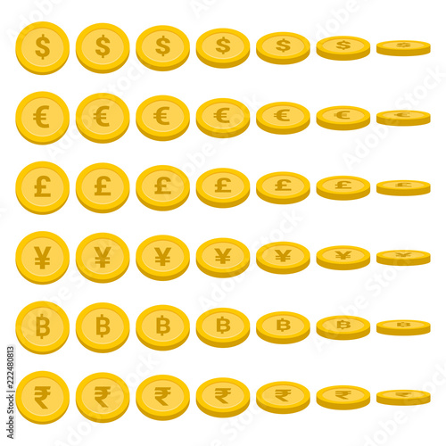 World currency rotate coins set, Currency symbol collection - Vector