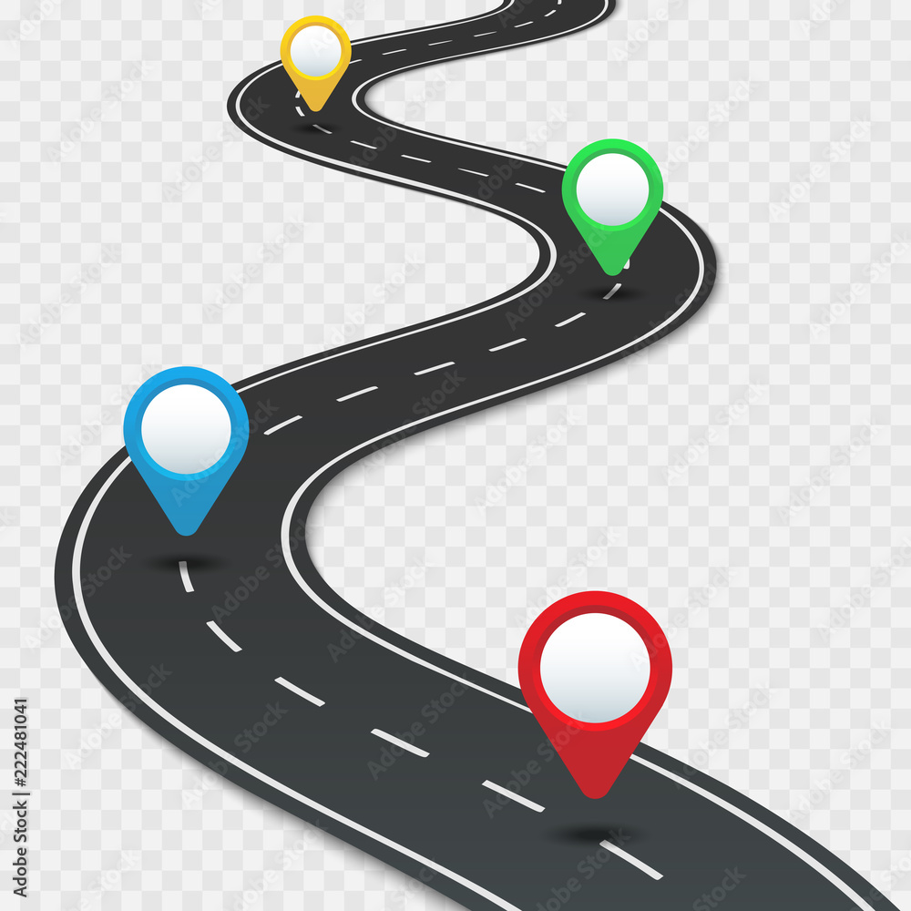 Highway roadmap with pins. Car road direction, gps route pin road trip  navigation and roads business infographic vector illustration Stock Vector  | Adobe Stock
