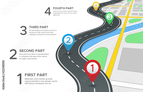 Highway road infographic. Street roads map, gps navigation way path and town journey pin directions sign 3d vector concept