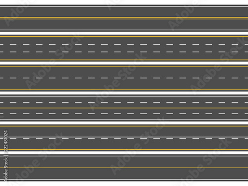 Highway road marking. Horizontal straight asphalt roads, modern street roadway lines or empty highways markings vector illustration set