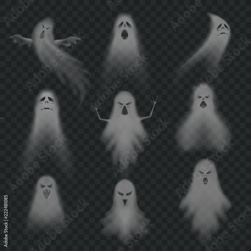 Realistic ghost. Scary halloween apparition face, ghostly phantom fly figure or night eerie dead ghoul ghosts vector set