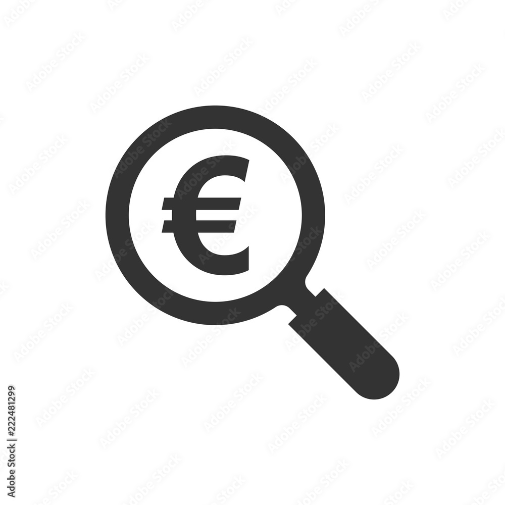 Magnify glass with euro sign icon in flat style. Loupe, money vector illustration on white isolated background. Search bill business concept. Magnify glass with euro sign icon in flat style. Loupe, money vector illustration on white isolated background. Search bill business concept.