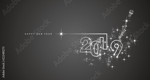 New Year 2019 line design firework champagne white black vector