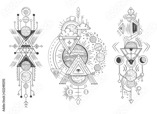 Solar system planet sketch. Parade of planets, moon phases and hand drawn astrology. Astrological tattoo vector illustration