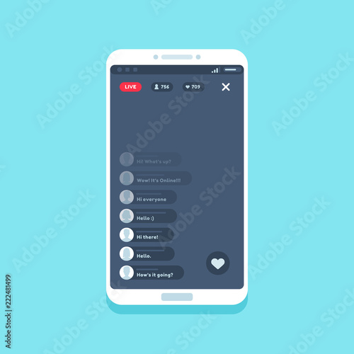 Live video stream on phone. Online videos stories streaming on smartphone screen, chat comments living streams UI vector illustration