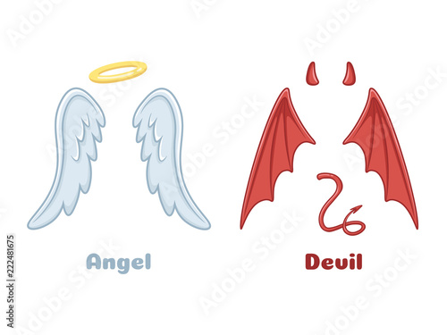 Angels and demons wings. Cartoon evil demon horns and good angel wing with nimbus. Devil and saint angel vector illustration