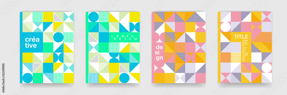 Triangle geometric pattern b ackground texture for poster cover design. Minimal flat color vector banner template with circles, square