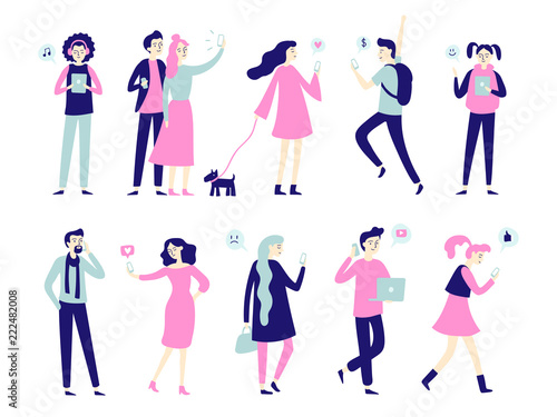 Character with smartphone. Smartphones in people hands, man talk on mobile phone or woman taking selfie. Flat characters vector set