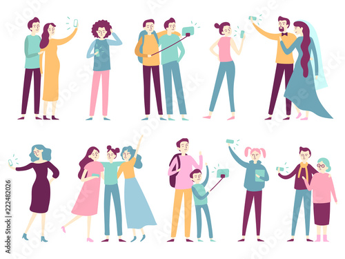 People taking selfie on smartphone. Men taking photos on mobile camera, women posing for photo on smartphones modern flat