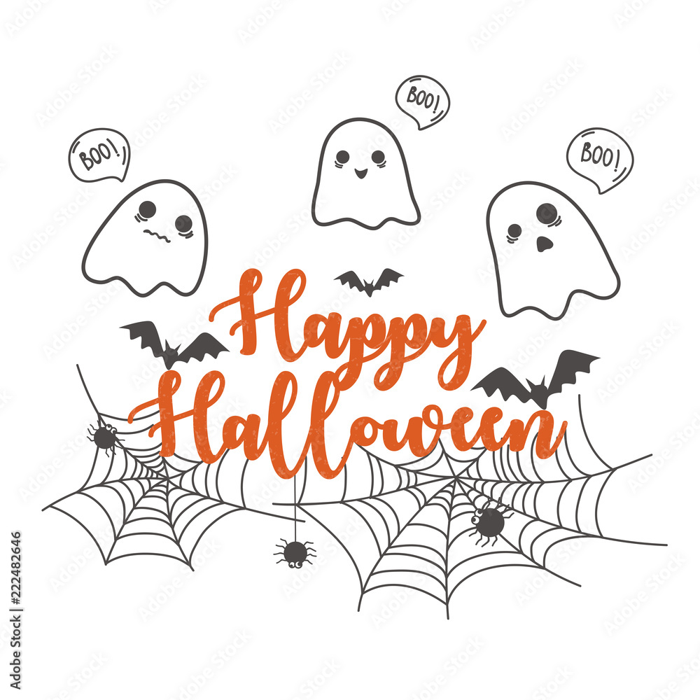 Happy Halloween banner design template. Cute cartoon spooky and spider web  on white background. Scary white ghosts. Halloween greeting card design.  Vector illustration Stock Vector | Adobe Stock