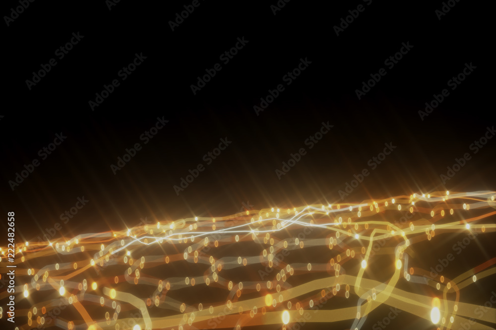 3D Topographic map background concept. Topo contour map. Rendering abstract illustration. Valleys and mountains. Geography concept. Wavy backdrop. Space surface. magic yellow neon light curved lines