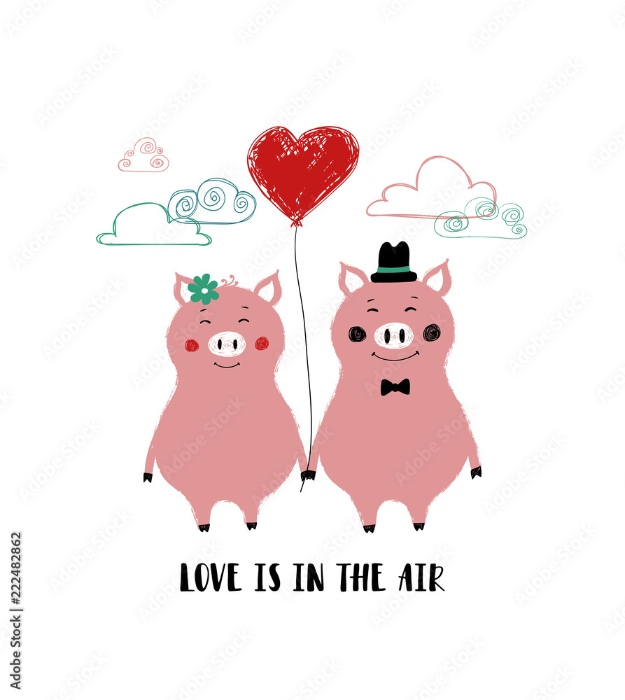 Obraz premium Love Card With Couple Of Pigs.