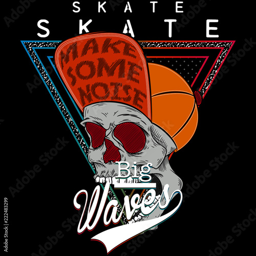 Ilustracion de craneo con gorra y texto de skate.