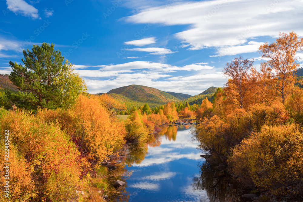 A beautiful landscape with an autumn forest and a river in a mountainous area. The river Buguldeika, after 10 km flowing into Lake Baikal. Siberia, Russia. 