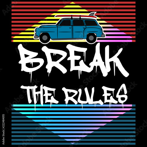 Ilustracion de auto estilo surf con textos
