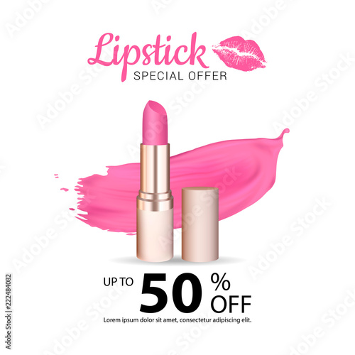 Vector sale banner with lipstick stoke and lipstick. Good for salons, beauty shops.
