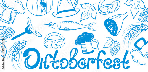 Oktoberfest German beer party. Poster with national traditional food and items in the doodle style.