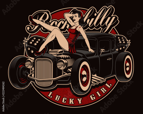 Pin up girl with classic hot rod.