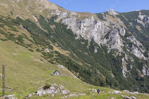 alpine hut krumpenalm beneath Eisenerzer Reichenstein, a mountain in the Ennstal Alps in the Austrian federal state of Styria photo