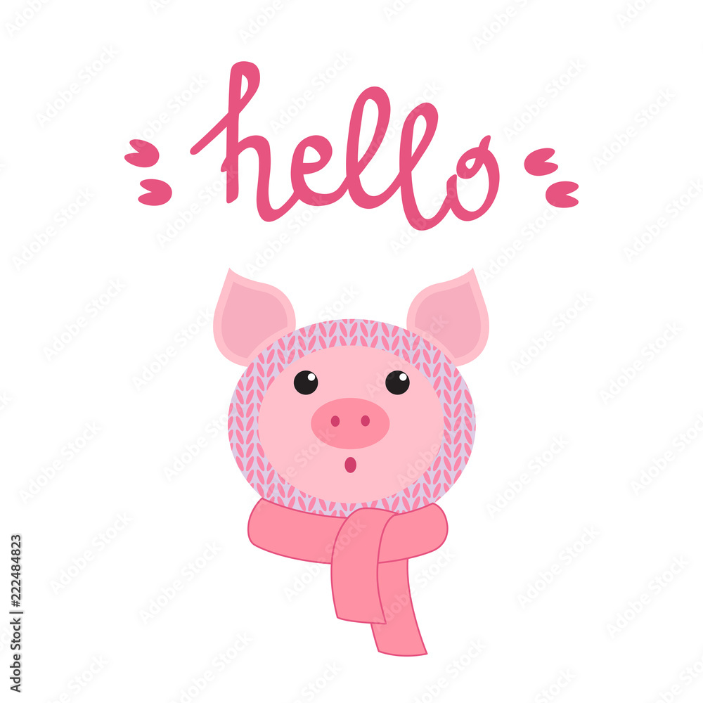 Little funny piglet in hat and collar. Lettering Little funny piglet in hat and collar. Lettering