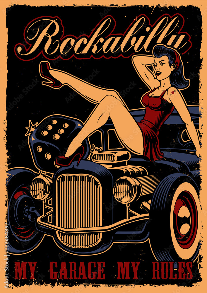 Vintage Poster With Pin Up Girl And Classic Car Stock Vector Adobe Stock