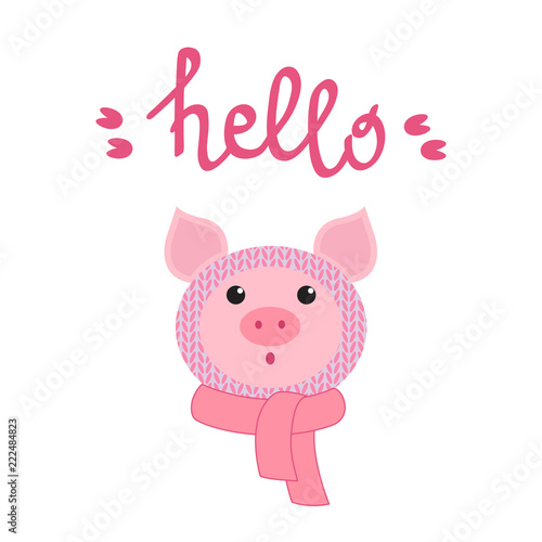 Little funny piglet in hat and collar. Lettering "Hello 2019" for your design. Symbol of the New Year 2019 © mahanya342