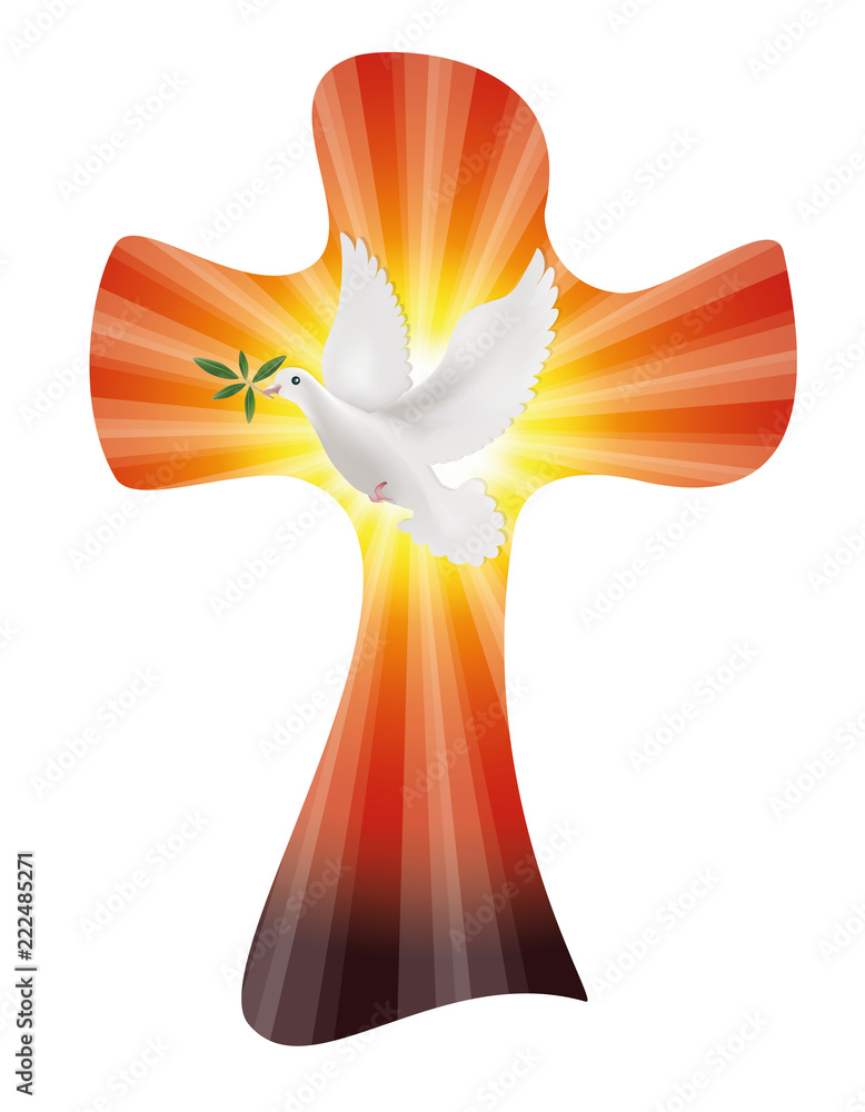 Vector christian cross with dove and olive branch on sunset or sunrise ...