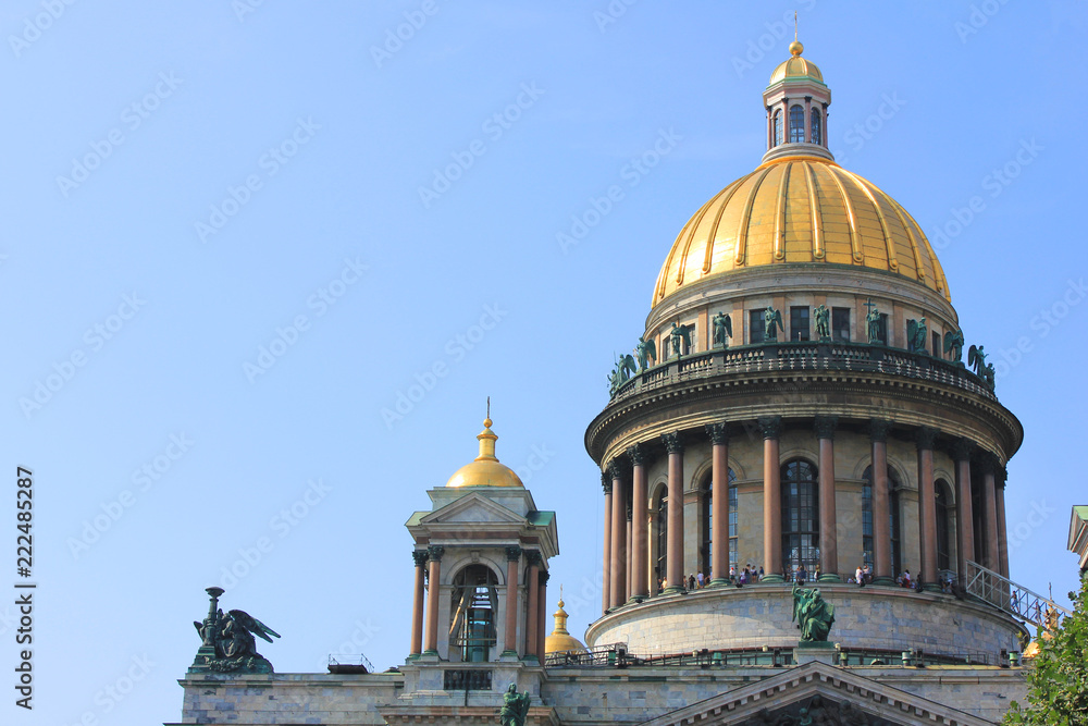 Saint Isaac's Cathedral in St. Petersburg, Russia. Detailed Close Up View of Orthodox Basilica and Museum Building, Monumental European Architecture. Exterior Elements of City Landmark on Empty Sky