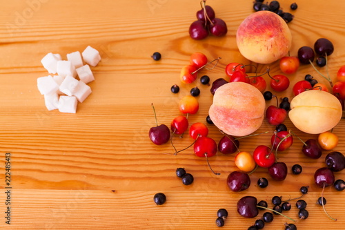 Food. Sugar and cherry, peach, apricot, currant