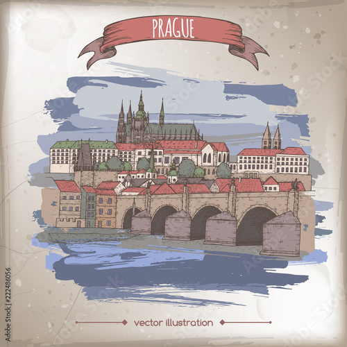 Vintage color travel illustration with Prague, Czech Republic, old town sketch.