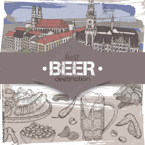 Beer travel destination template with color Munich old town sketch, beer mug, chips, nuts, chicken wings, snack plate.