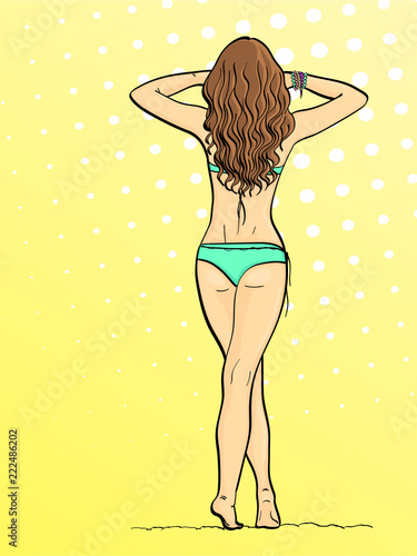 Pop art background, summer color. Beach and sand. The girl back, in a swimsuit on vacation. Imitation comic style. Vector