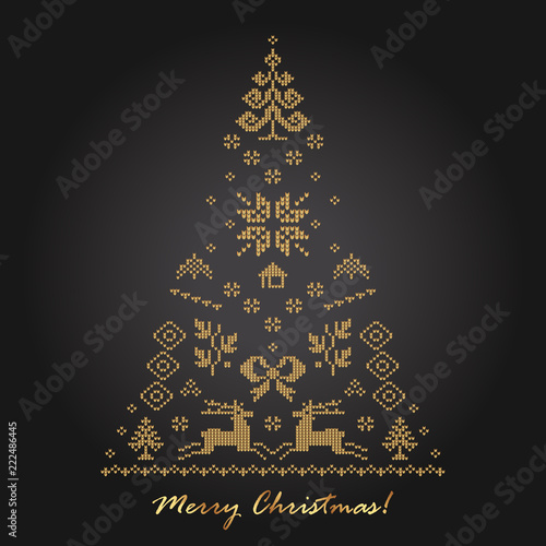 Knitted patterned ornaments in Scandinavian style. Golden reindeer of Santa Claus, Christmas tree and decorations. Stylish luxury greeting card for Xmas.