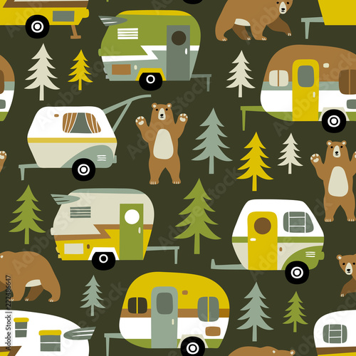 Seamless vector pattern with camping cars, bears and woods on dark green background. 