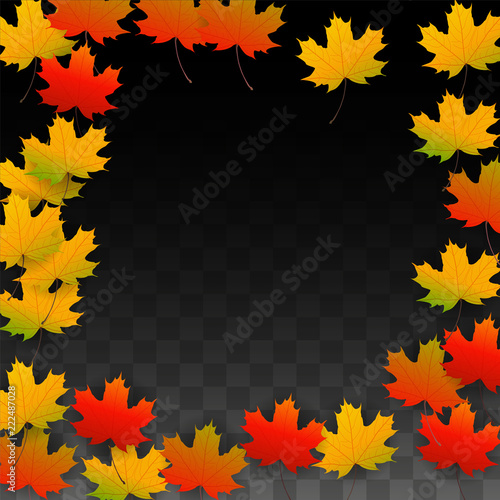 September Vector Background with Golden Falling Leaves. Autumn Illustration with Maple Red, Orange, Yellow Foliage. Isolated Leaf on Transparent Background. Bright Swirl. Suitable for Posters.