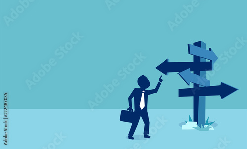 Vector of a businessman looking at many arrows pointing in different directions.