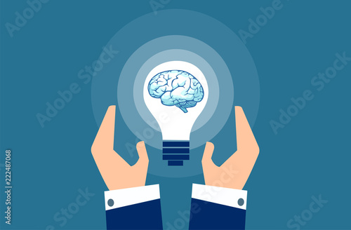 Vector of businessman hands and a big lightbulb brain.