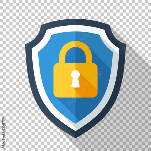 Protective shield icon with locked padlock in flat style with long shadow on transparent background