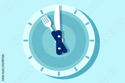 Vector of the clock face in the form of plate with knife and fork arms.