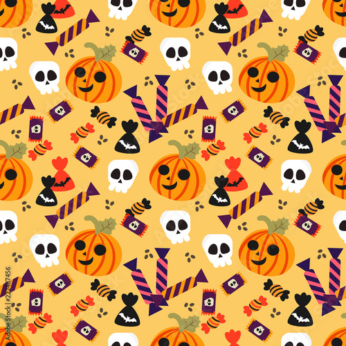 Halloween pumpkin and candy seamless pattern. Cute halloween concept.