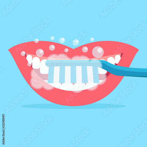 Brushing teeth illustration vector flat, toothbrush, teeth, toothpaste, mouth on blue background, flat design vector illustration