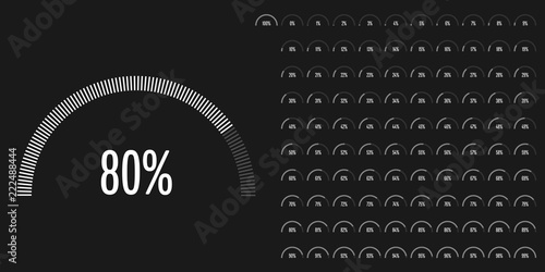 Set of semicircle percentage diagrams from 0 to 100 ready-to-use for web design, user interface (UI) or infographic - indicator with white