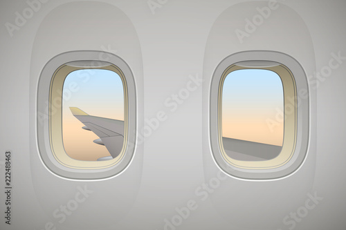 Airplane window, aircraft window with wing, vector background