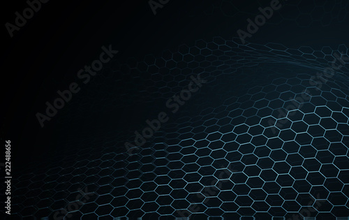 Blue wave surface blockchain technology and science abstract background. Music equalizer of hexagon network wire frame illumination texture pattern. New technology particle digital concept wallpaper © Shutter2U